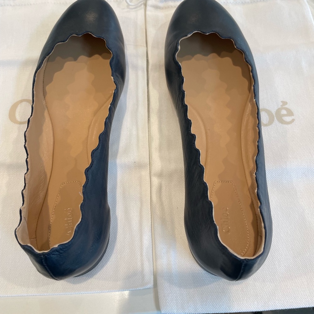 Chloe Lauren Scalloped Navy Blue Leather Flats